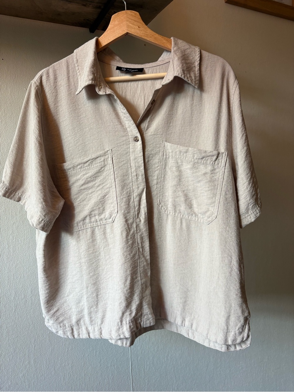 Relaxed Short-Sleeve Button-Down Shirt in Light Taupe by Lily Morgan